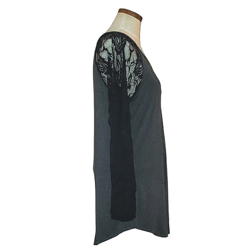 Goo Yoo Sheer Floral Black Lace Raglan Sleeves High Low Hem Gray Tunic Top M/L - Picture 6 of 16